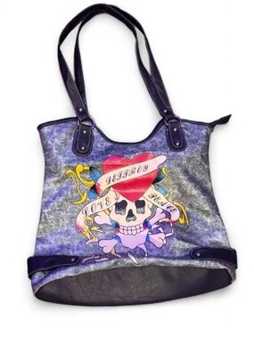 Ed Hardy Purple Graphic Skull Heart Tote